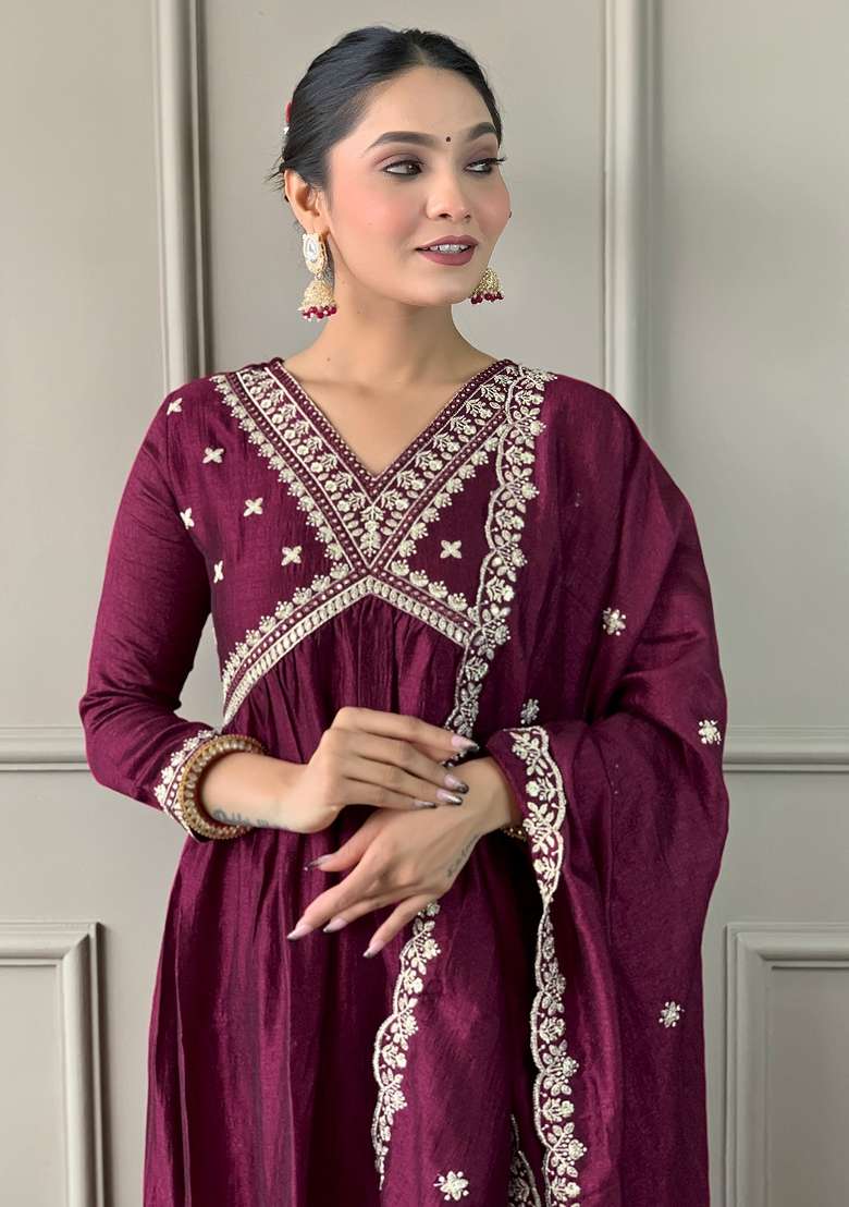 Maroon Embroidered Silk Anarkali Set - Indya