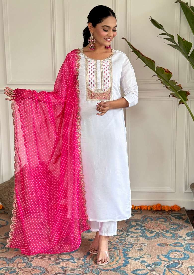 White Embroidered Viscose Straight Kurta Set - Indya