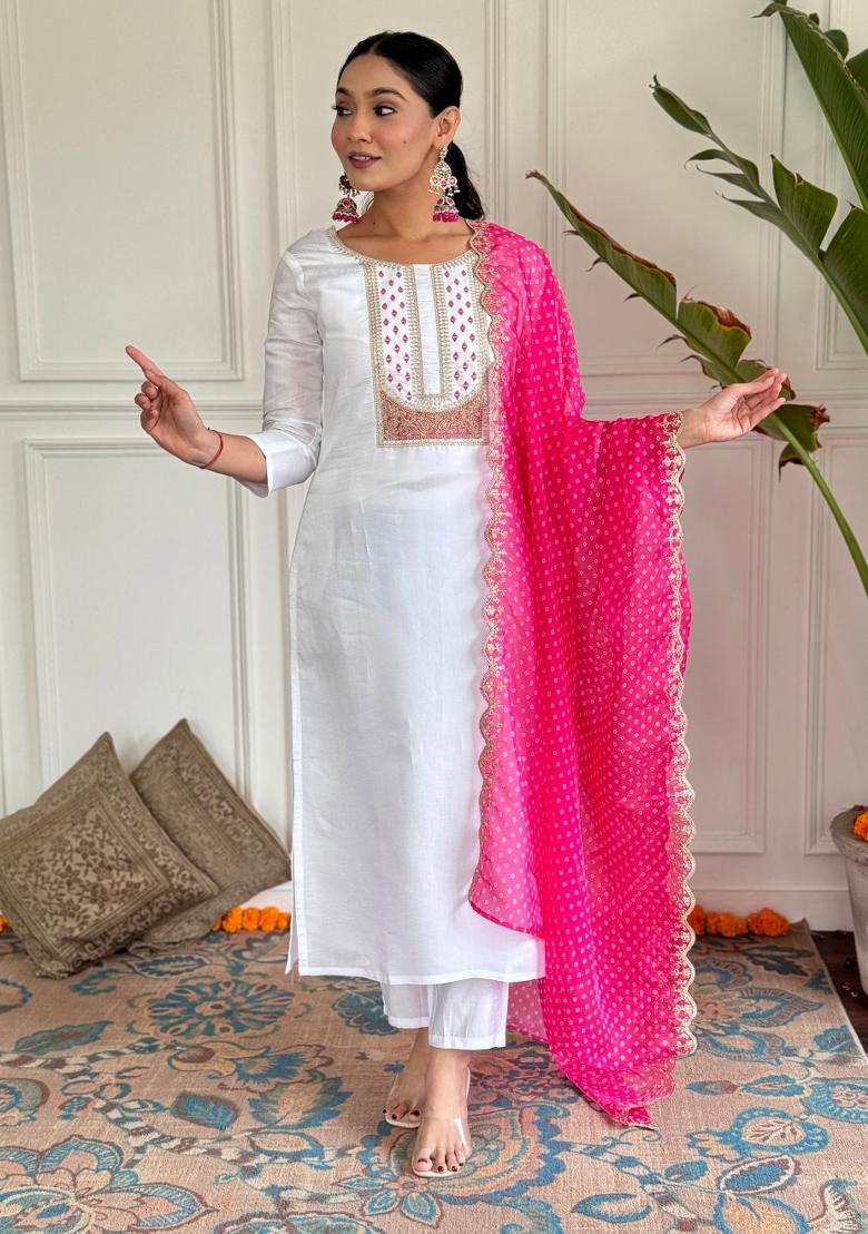 White Abstract Print Viscose Salwar Kameez With Dupatta