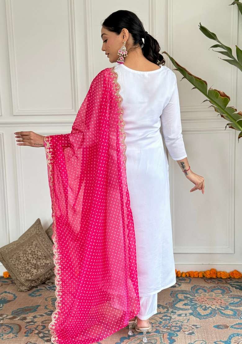 White Embroidered Viscose Straight Kurta Set - Indya