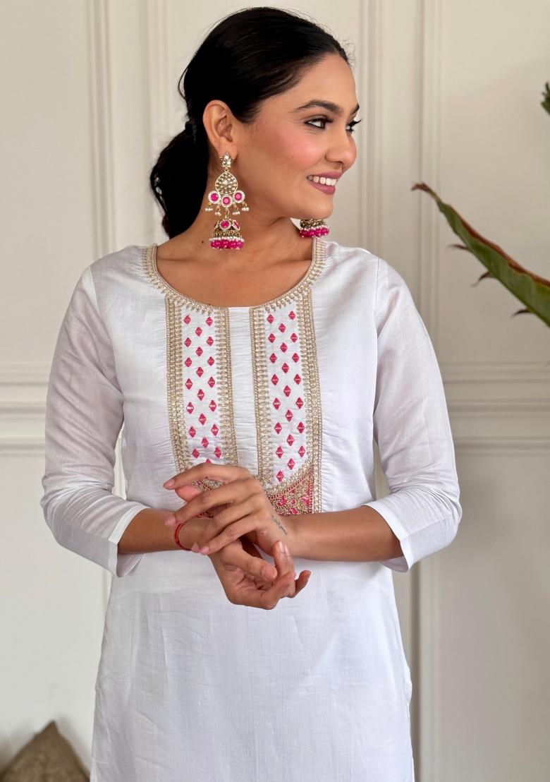 White Abstract Print Viscose Salwar Kameez With Dupatta