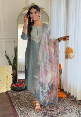 Green Abstract Print Viscose Salwar Kameez With Dupatta