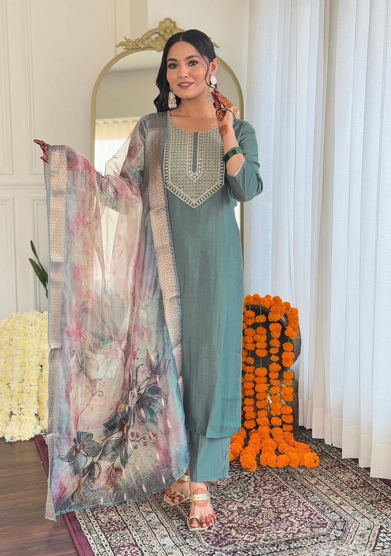Green Abstract Print Viscose Salwar Kameez With Dupatta
