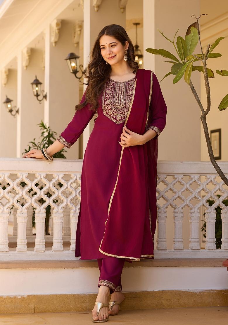 Maroon Resham Embroidery Rayon Salwar Kameez With Dupatta