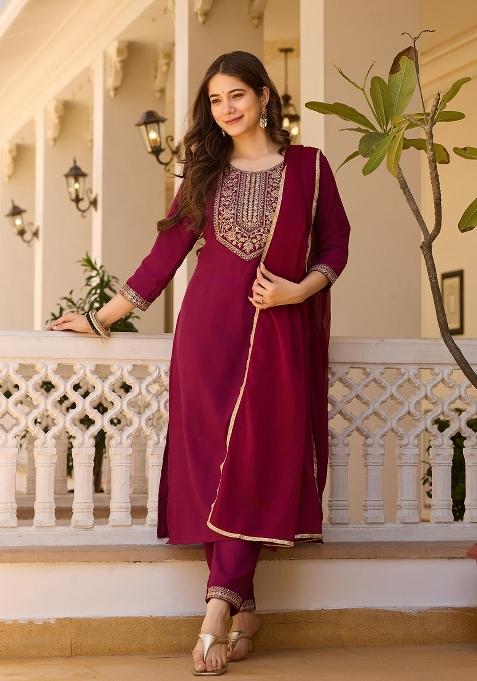 Maroon Resham Embroidery Rayon Salwar Kameez With Dupatta