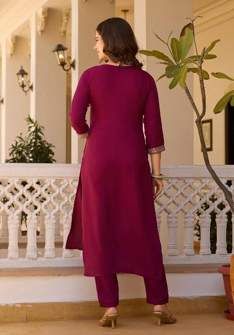 Maroon Resham Embroidery Rayon Salwar Kameez With Dupatta