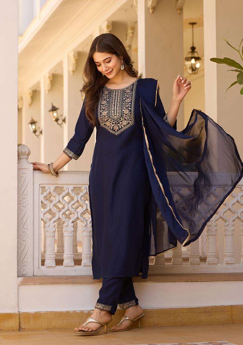 Navy Blue Resham Embroidery Rayon Salwar Kameez With Dupatta