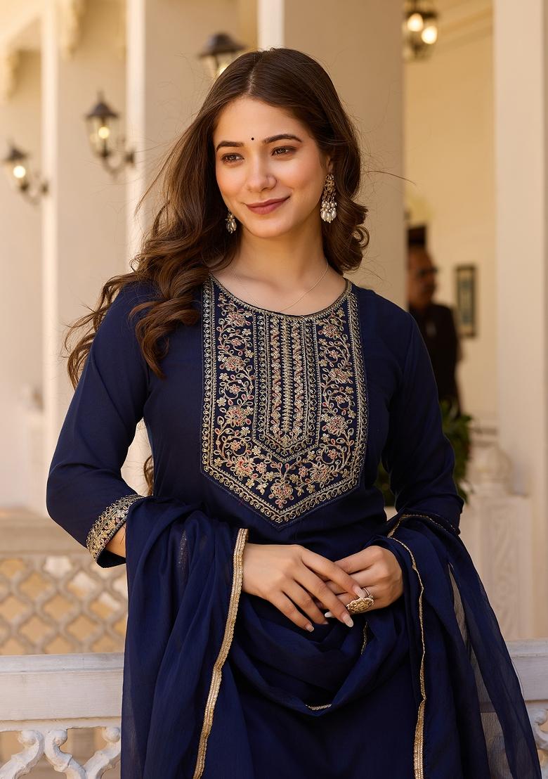 Navy Blue Resham Embroidery Rayon Salwar Kameez With Dupatta