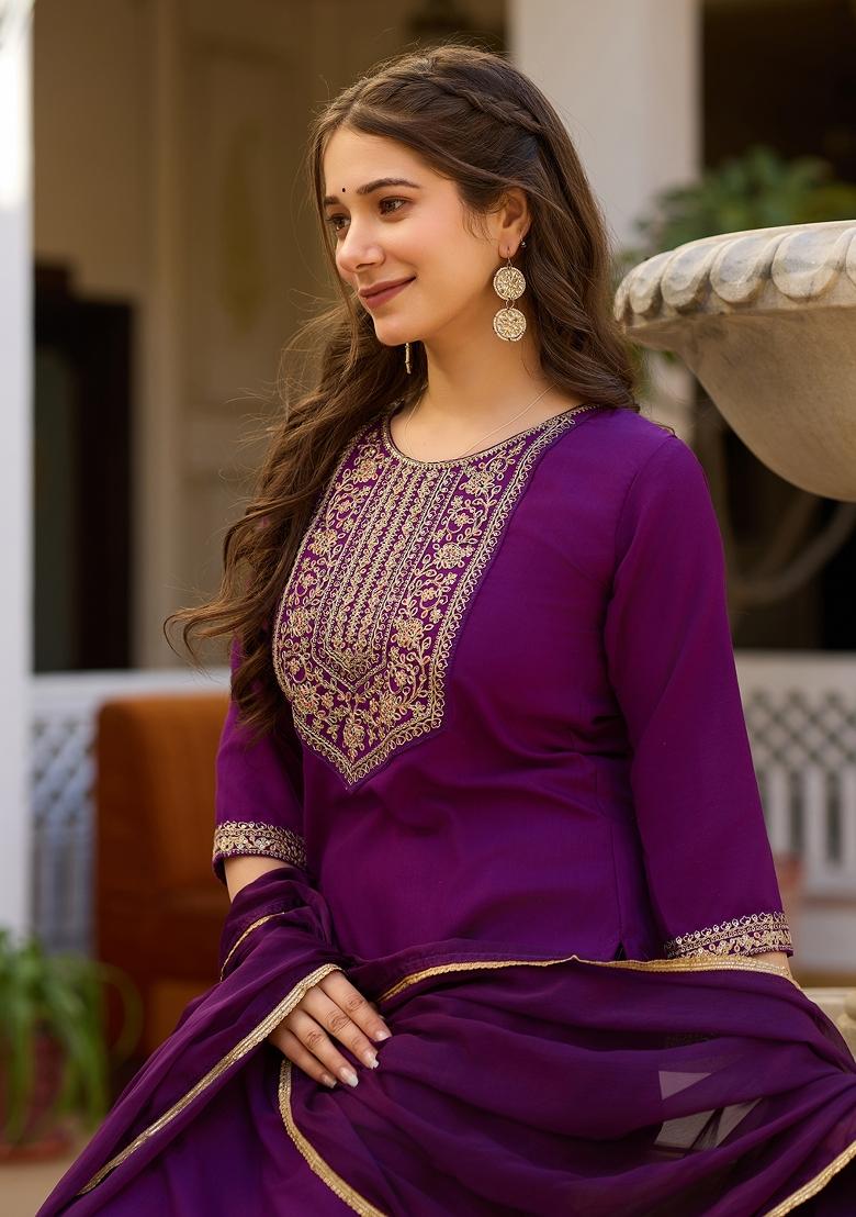 Purple Resham Embroidery Rayon Salwar Kameez With Dupatta