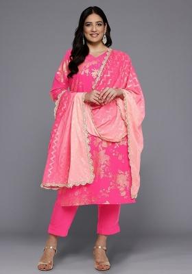Pink Abstract Print Crepe Salwar Kameez With Dupatta