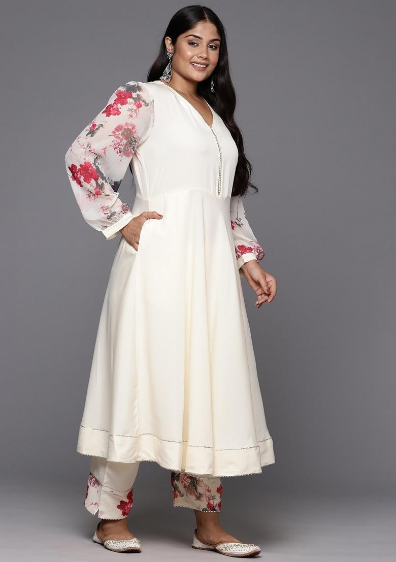 Off White Abstract Print Crepe Salwar Kameez With Dupatta