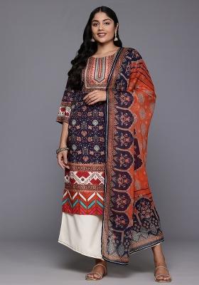 Navy Blue Abstract Print Crepe Salwar Kameez With Dupatta
