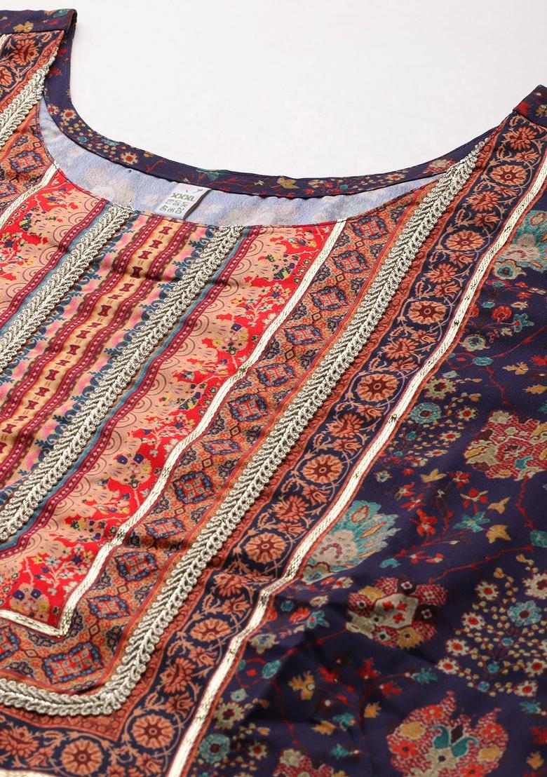 Navy Blue Abstract Print Crepe Salwar Kameez With Dupatta