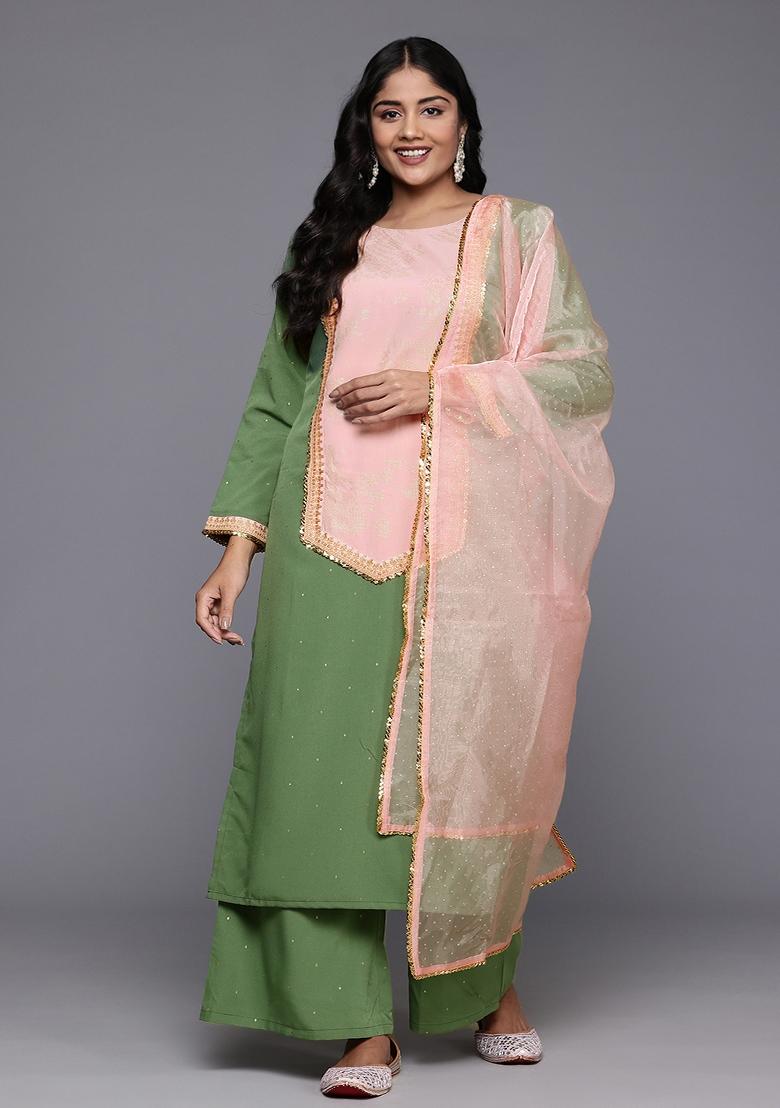 Green Abstract Print Crepe Salwar Kameez With Dupatta