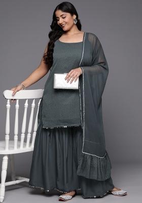 Grey Abstract Print Chiffon Salwar Kameez With Dupatta