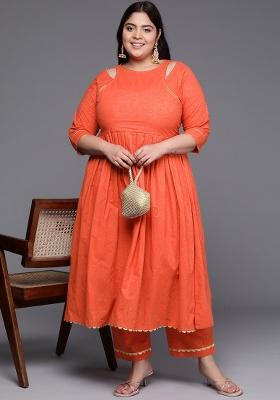 Orange Abstract Print Cotton Salwar Kameez