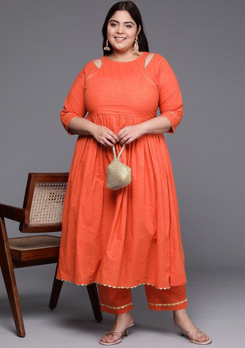 Orange Abstract Print Cotton Salwar Kameez