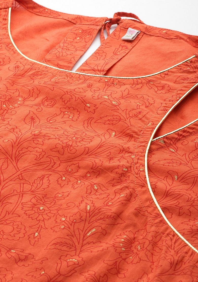 Orange Abstract Print Cotton Salwar Kameez