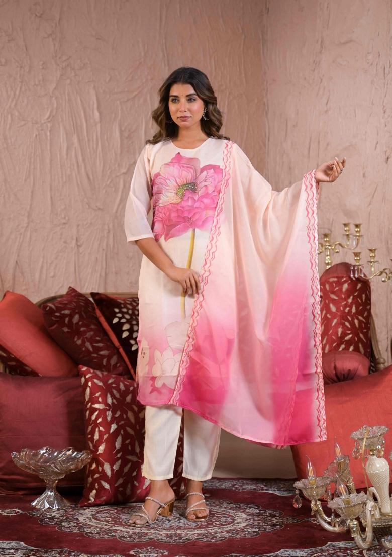 White Floral Print Art Silk Salwar Kameez With Dupatta