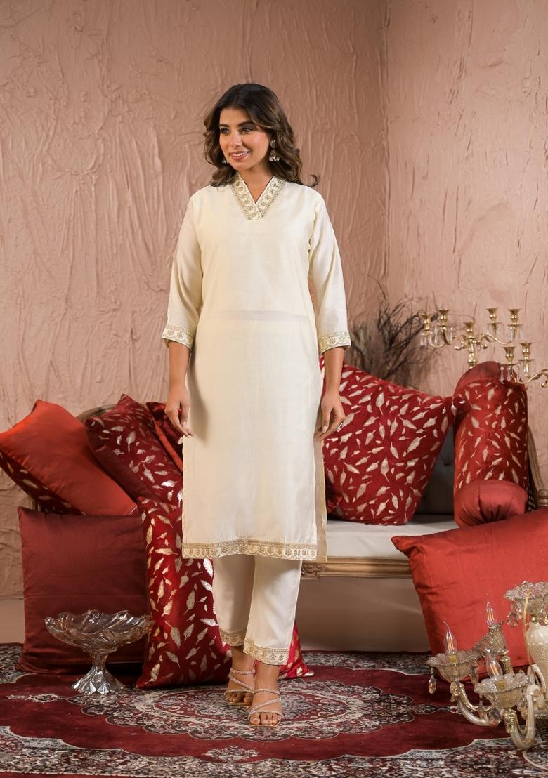 Off White Resham Embroidery Rayon Salwar Kameez With Dupatta