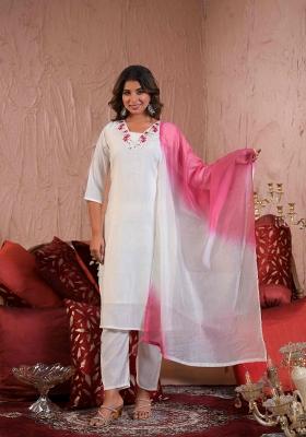White Resham Embroidery Chenderi Salwar Kameez With Dupatta