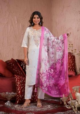Off White Resham Embroidery Chenderi Salwar Kameez With Dupatta