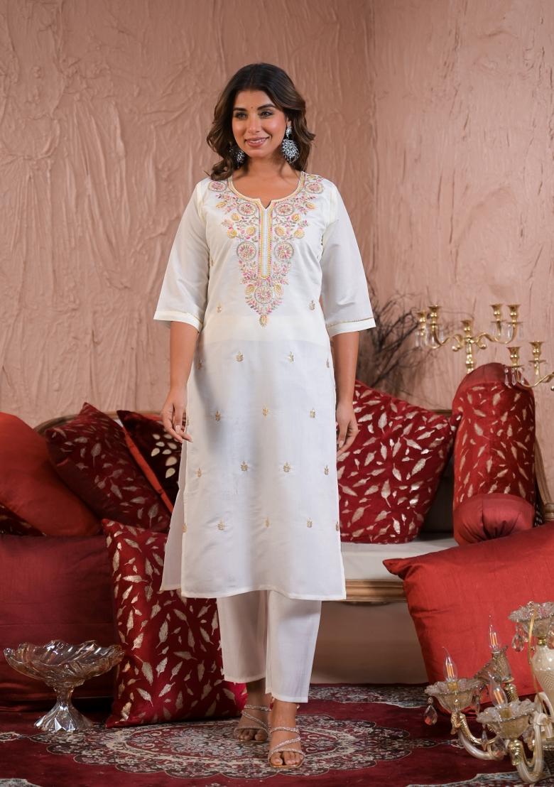 Off White Resham Embroidery Chenderi Salwar Kameez With Dupatta