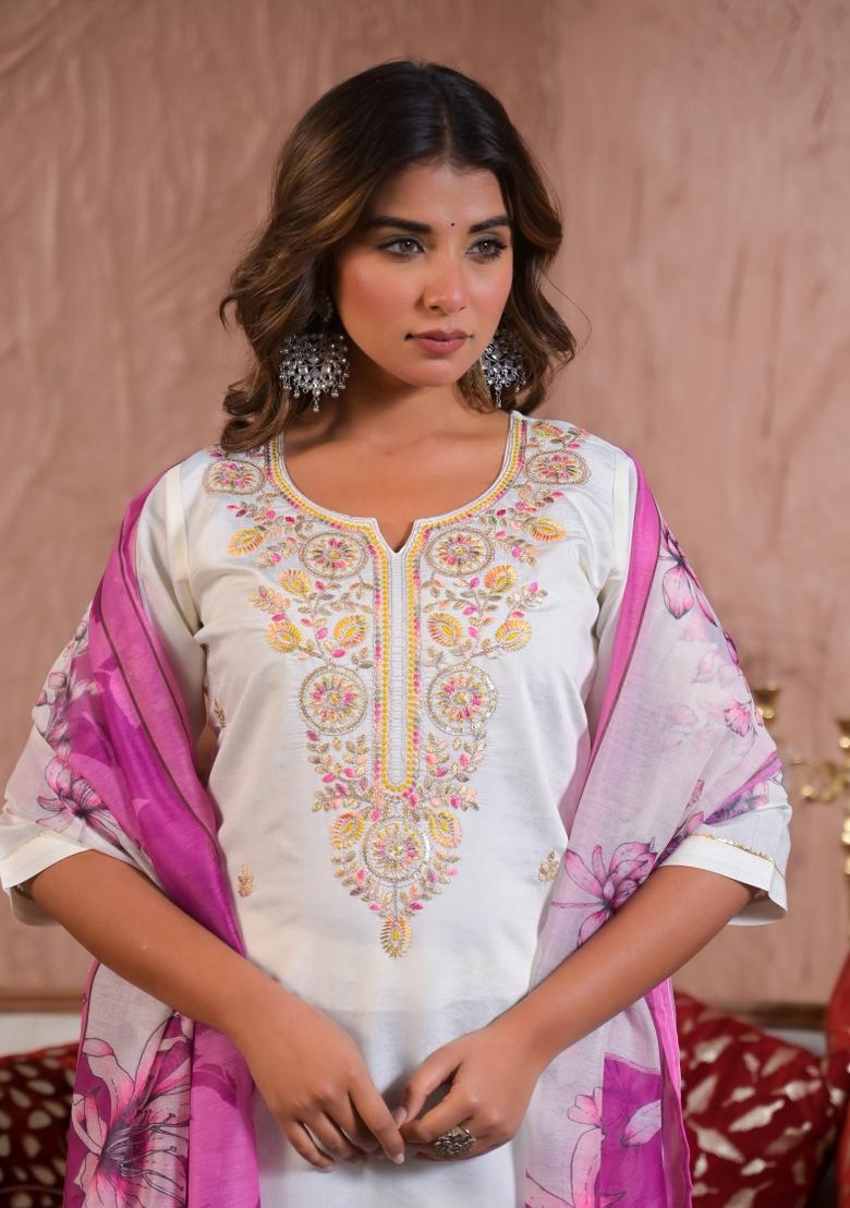 Off White Resham Embroidery Chenderi Salwar Kameez With Dupatta