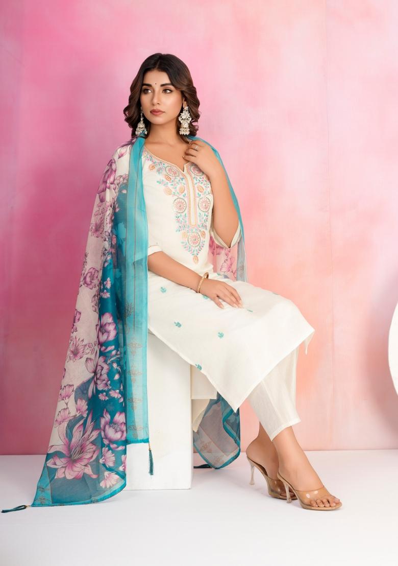 Off White Resham Embroidery Chenderi Salwar Kameez With Dupatta
