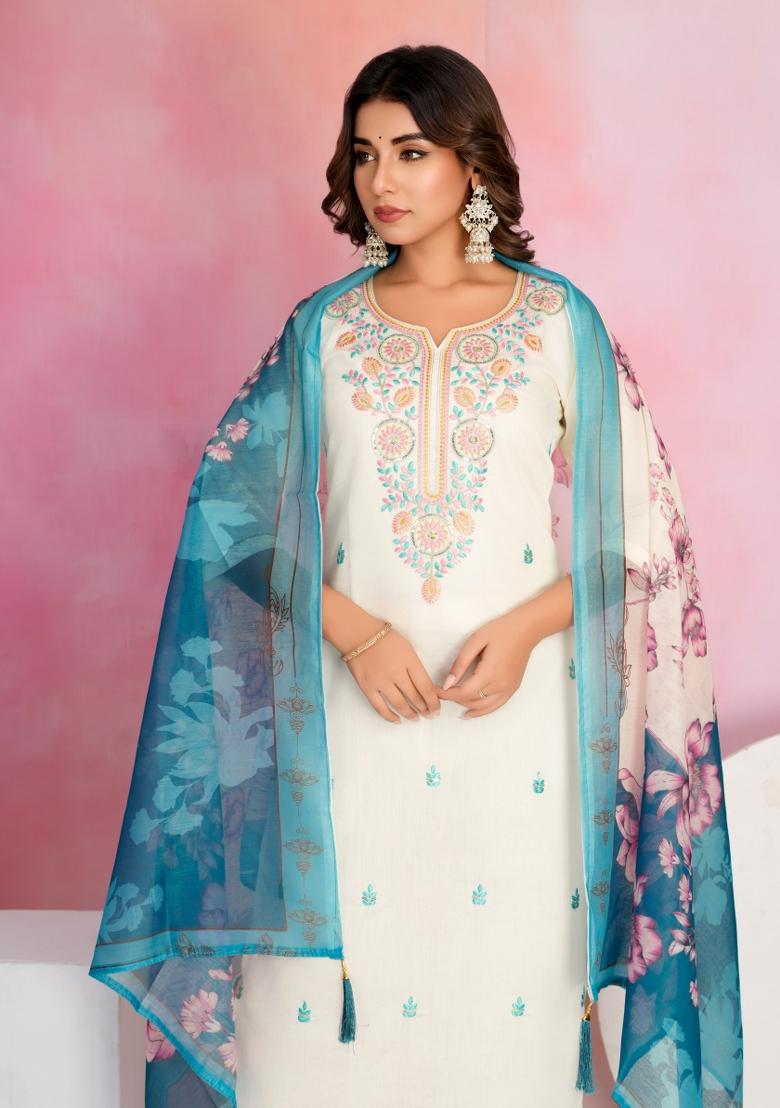 Off White Resham Embroidery Chenderi Salwar Kameez With Dupatta