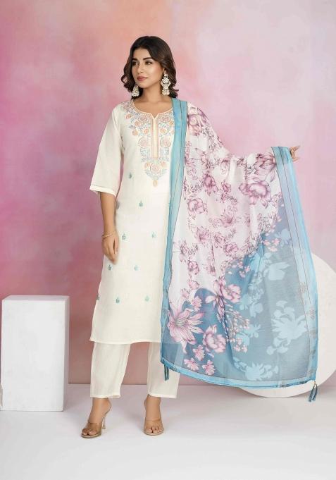 Off White Resham Embroidery Chenderi Salwar Kameez With Dupatta