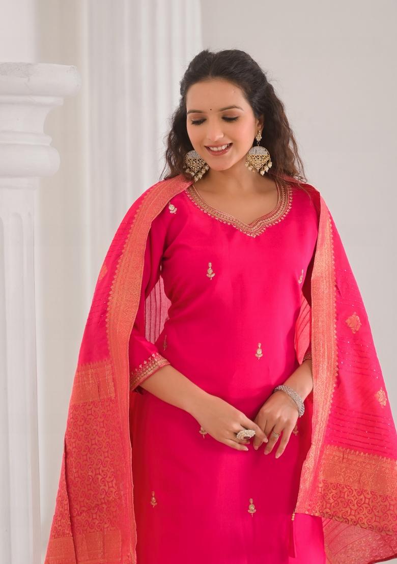 Pink Resham Embroidery Chenderi Salwar Kameez With Dupatta
