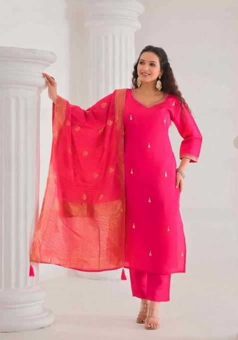 Pink Resham Embroidery Chenderi Salwar Kameez With Dupatta