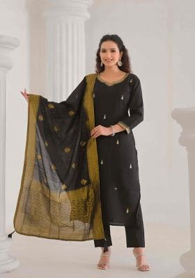 Black Resham Embroidery Chenderi Salwar Kameez With Dupatta