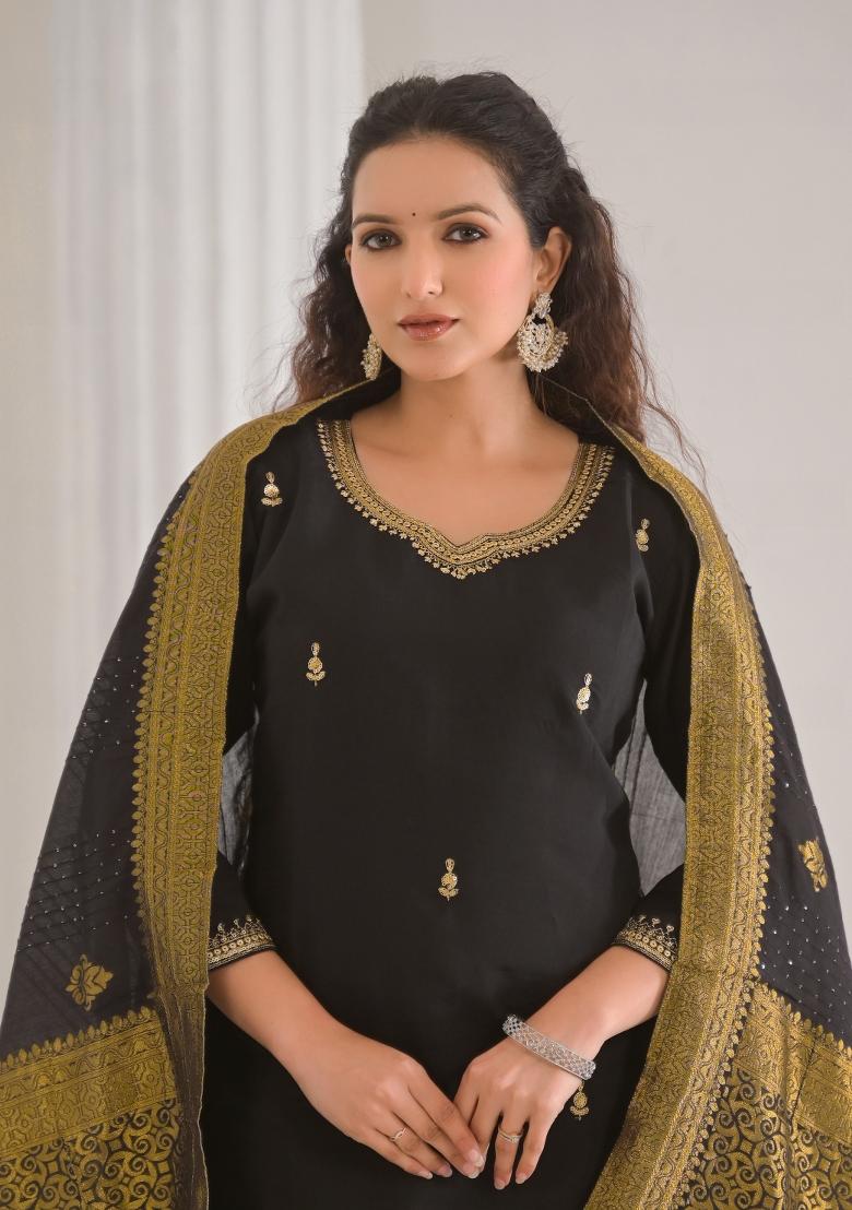 Black Resham Embroidery Chenderi Salwar Kameez With Dupatta