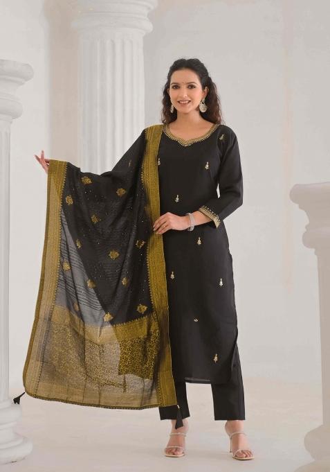 Black Resham Embroidery Chenderi Salwar Kameez With Dupatta