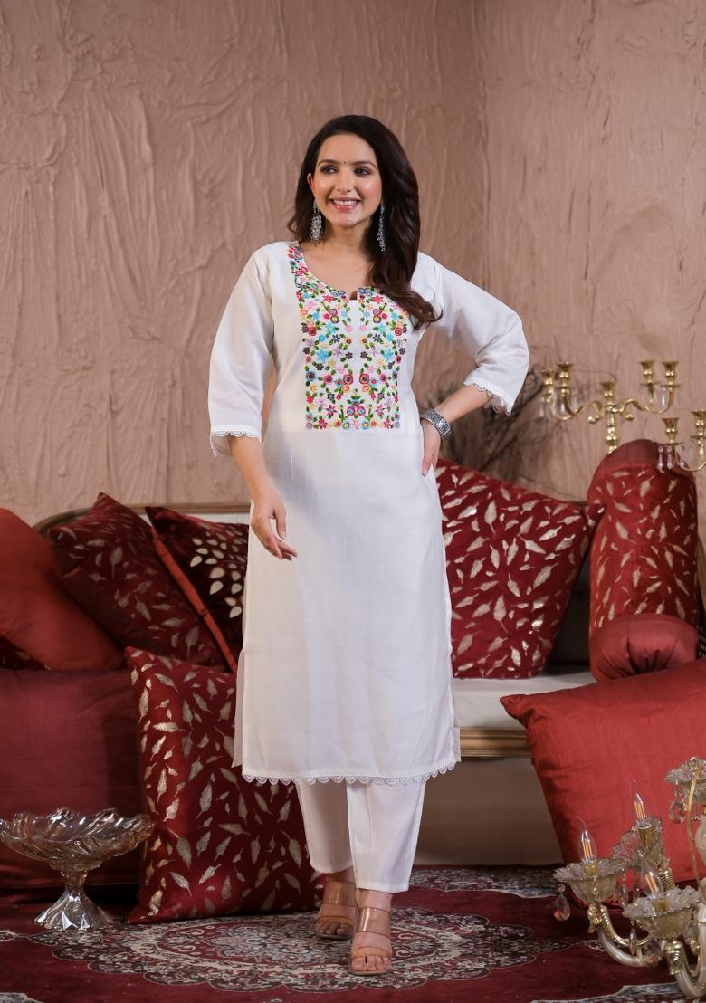 White Resham Embroidery Chenderi Salwar Kameez With Dupatta