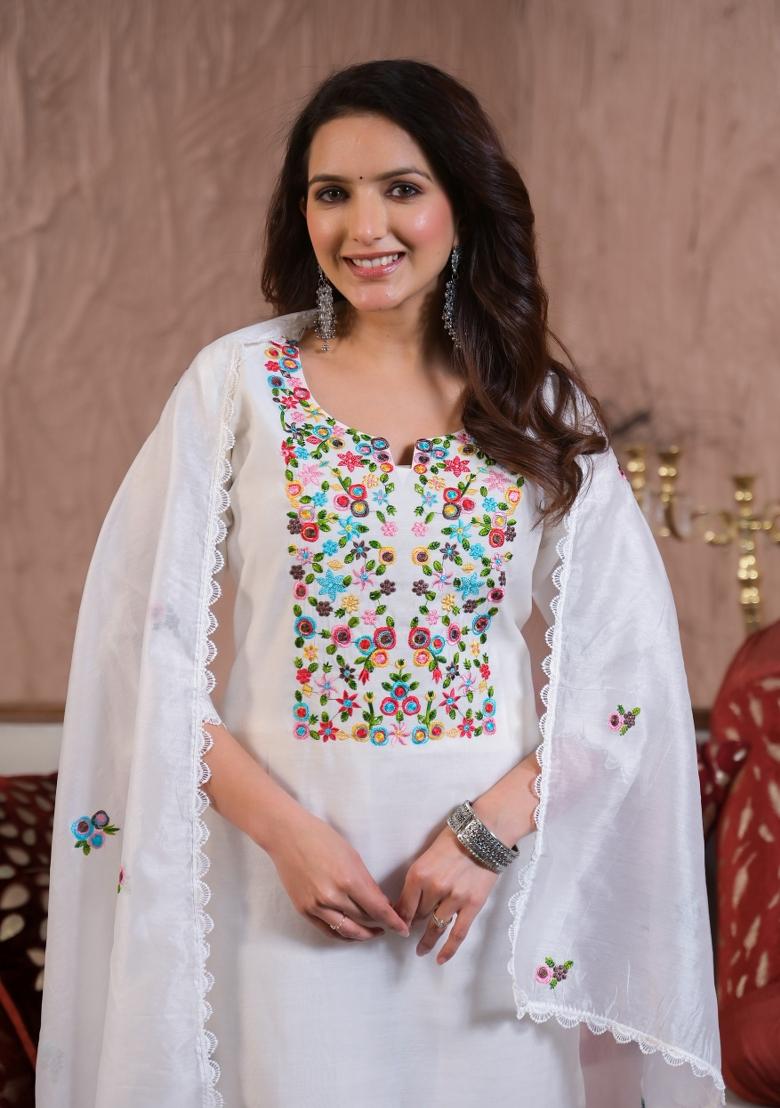 White Resham Embroidery Chenderi Salwar Kameez With Dupatta