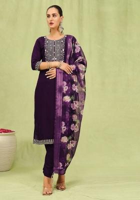 Purple Resham Embroidery Art Silk Salwar Kameez With Dupatta