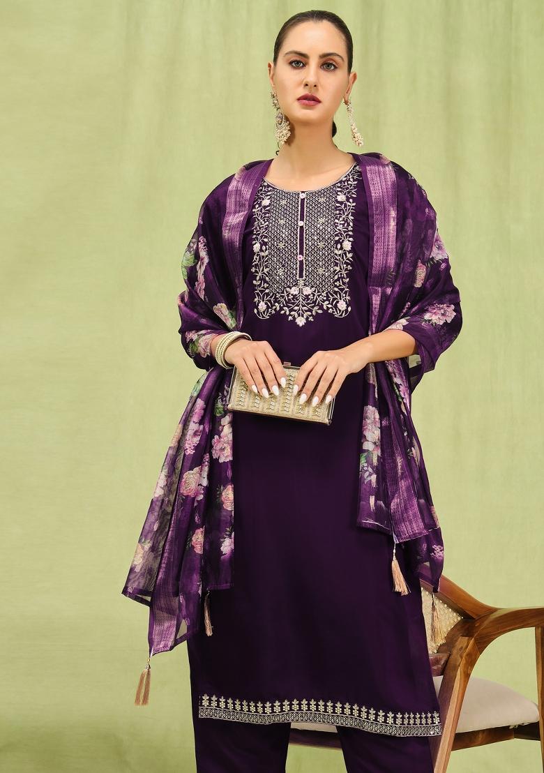 Purple Resham Embroidery Art Silk Salwar Kameez With Dupatta