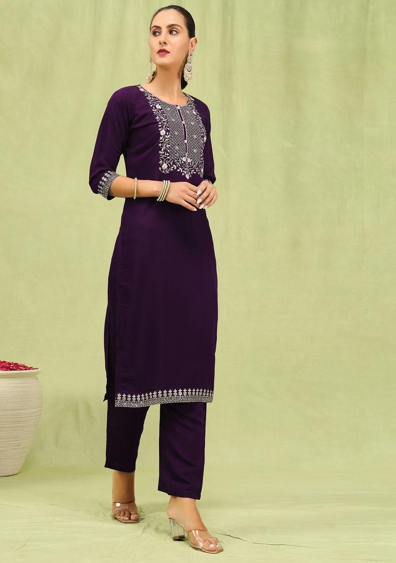 Purple Resham Embroidery Art Silk Salwar Kameez With Dupatta