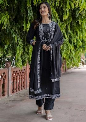 Black Resham Embroidery Art Silk Salwar Kameez With Dupatta