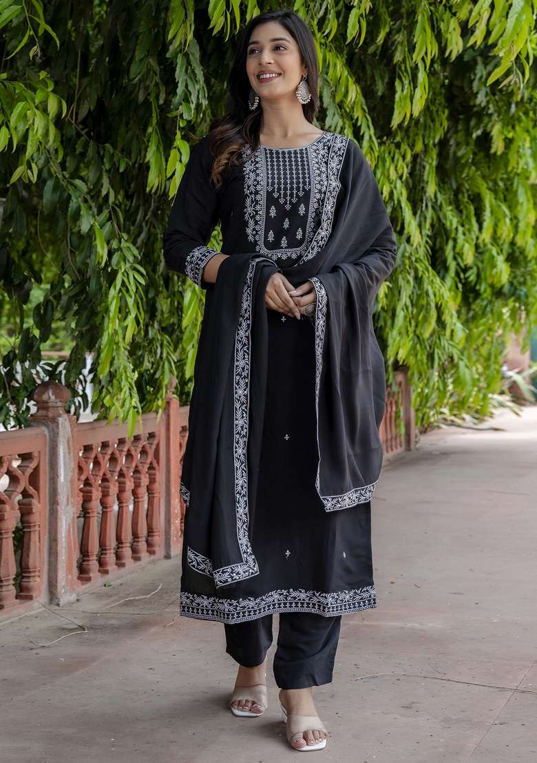 Black Resham Embroidery Art Silk Salwar Kameez With Dupatta - Indya