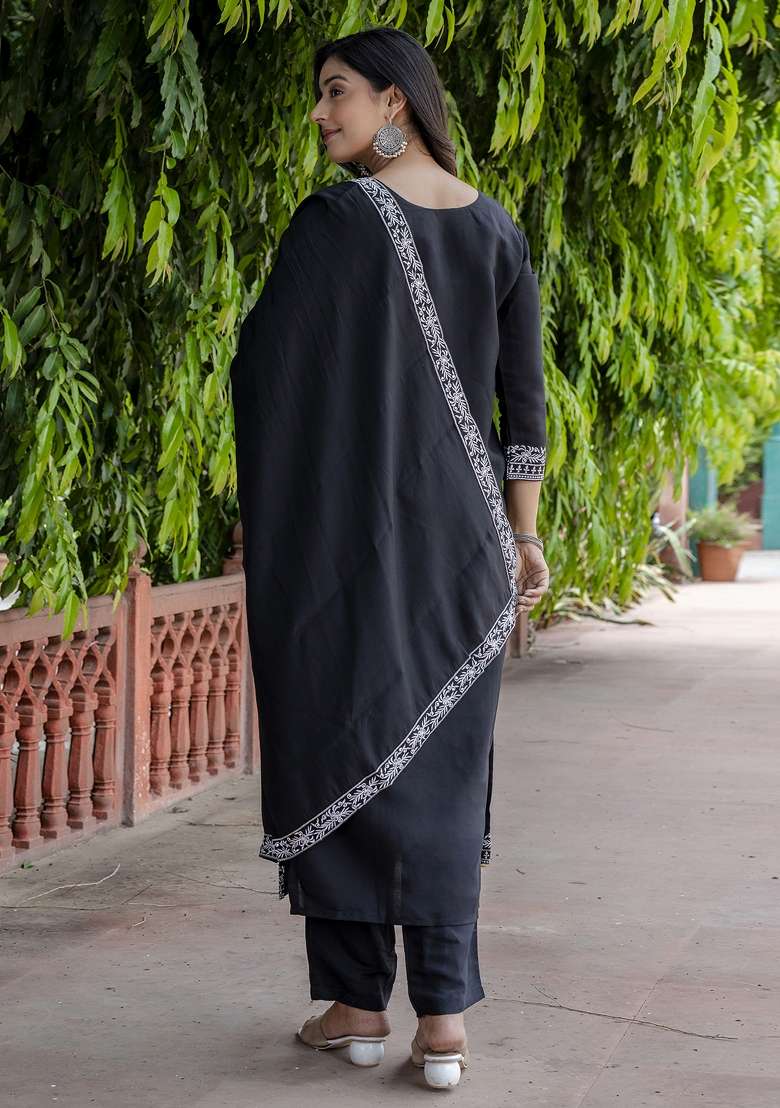 Black Resham Embroidery Art Silk Salwar Kameez With Dupatta - Indya