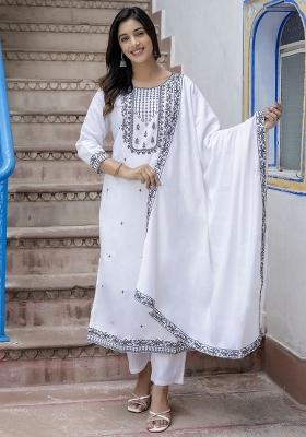 White Resham Embroidery Art Silk Salwar Kameez With Dupatta