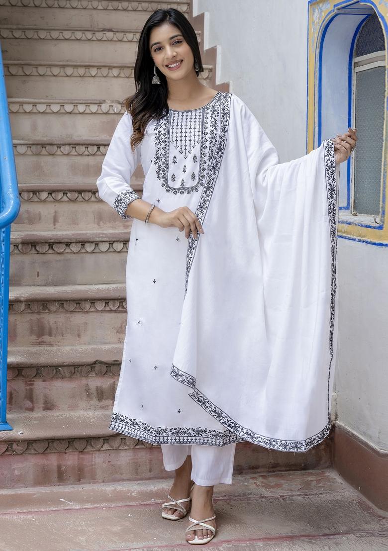 White Resham Embroidery Art Silk Salwar Kameez With Dupatta