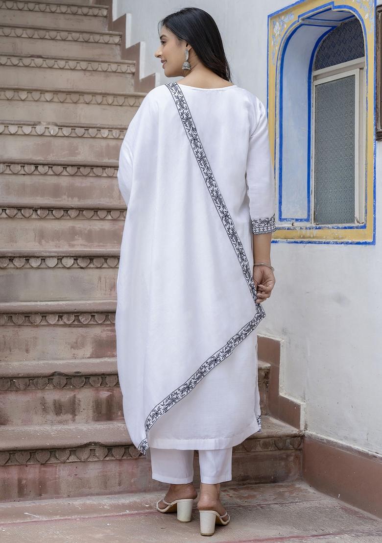 White Resham Embroidery Art Silk Salwar Kameez With Dupatta