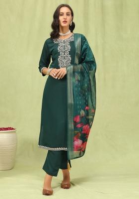 Green Resham Embroidery Art Silk Salwar Kameez With Dupatta