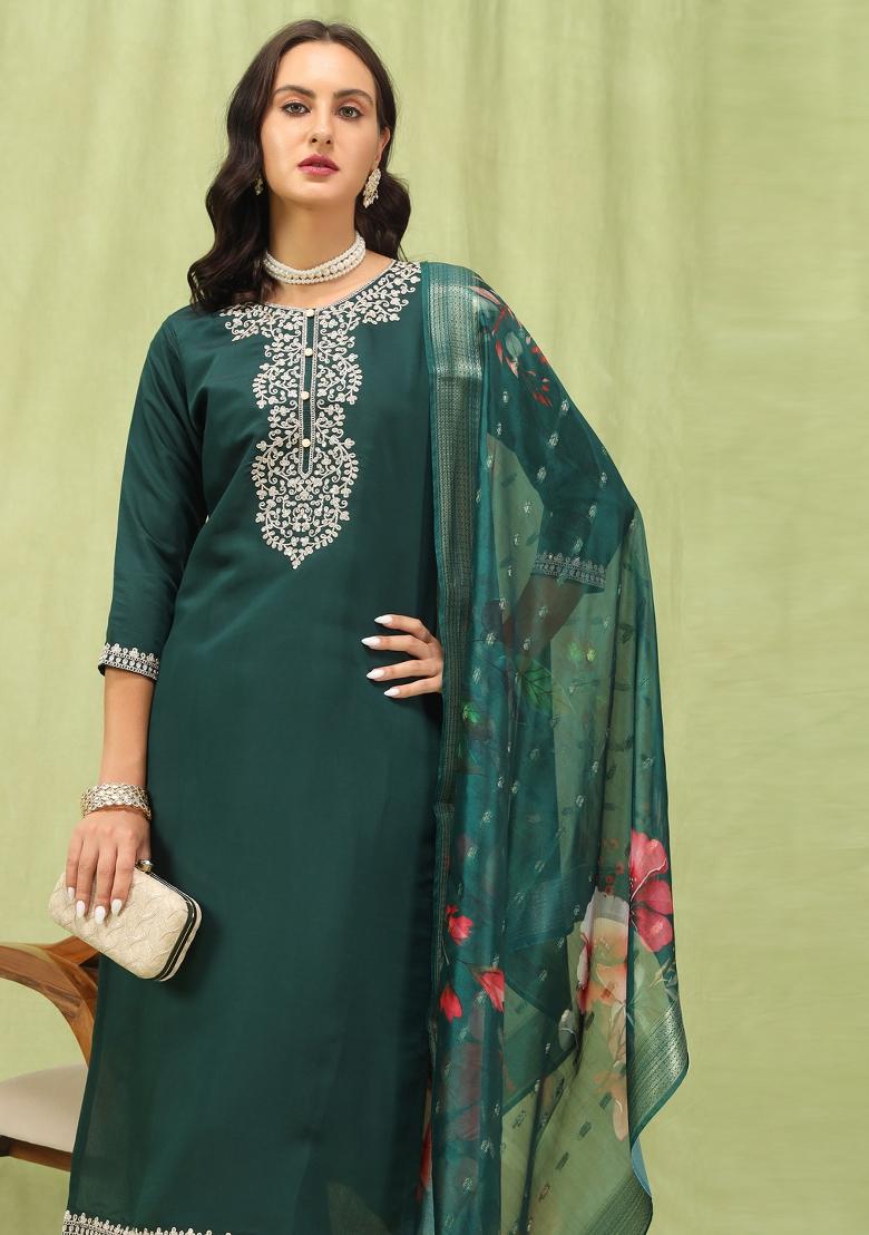 Green Resham Embroidery Art Silk Salwar Kameez With Dupatta