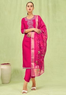 Pink Resham Embroidery Art Silk Salwar Kameez With Dupatta